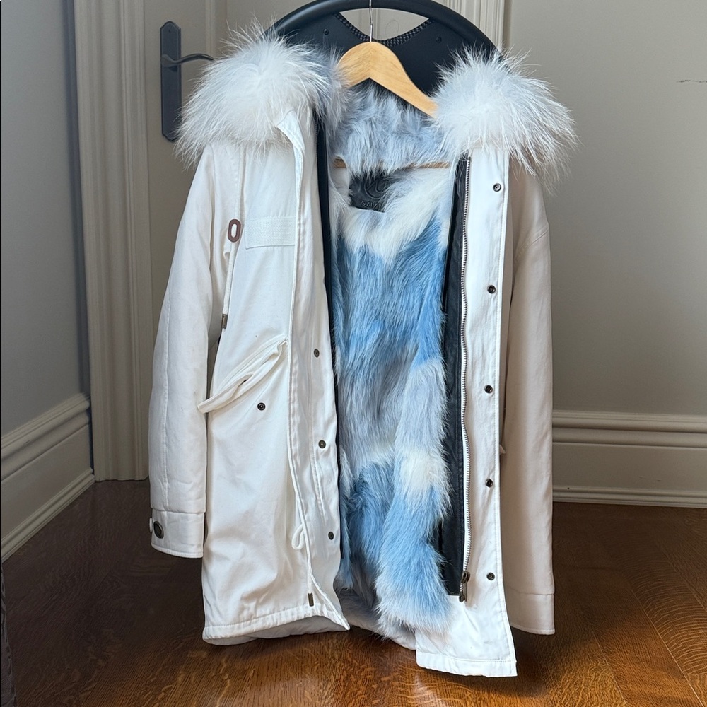 Ozlana White Kids Puffer Jacket with Blue Faux Fur